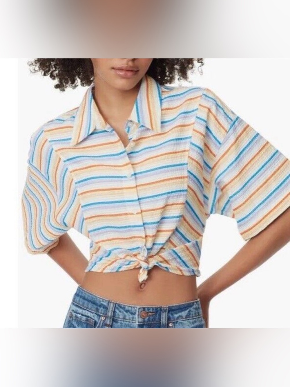 Circus by Sam Edelman Floral Short Sleeve Blouse Large Cropped Seersucker